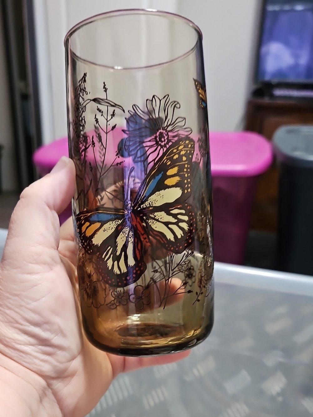 Butterfly Floral Amber Glass Vase - Decorative Home Art
